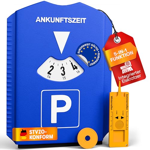 PURAHELP® 5-in-1 Parkscheibe inkl. Einkaufswagenchip, Reifenprofilmesser und Eiskratzer (StVO konform) - Parkuhr Auto und Motorrad - Parkkarte - Parking disc