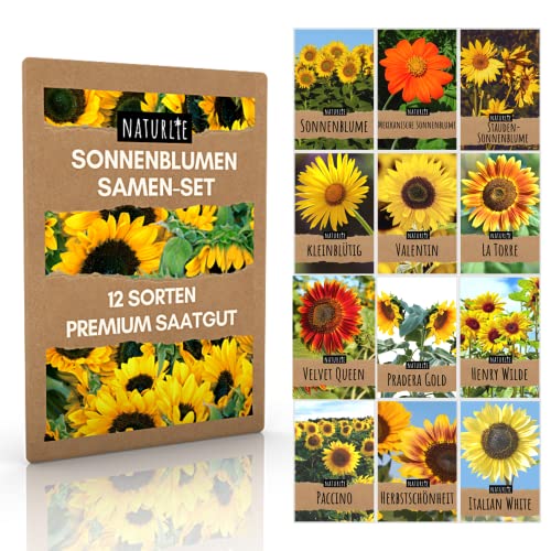 12er Sonnenblumen Samen Set - 12 schöne Sorten Premium Sonnenblumensamen - Blumen Saatgut für Bienen - super Garten Geschenk - Blumensamen Sommerblumen Anzuchtset von Naturlie