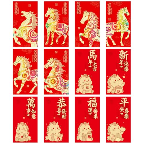 12 Stück Chinesisches Neujahr Rote Umschläge, Pferd Geldpakete, Neujahrsgeldumschläge, Frühling Festival Neujahr, Chinesische Rote Pakete, für Neujahr Geburtstag Hochzeit Kleines Geschenk oder Geld