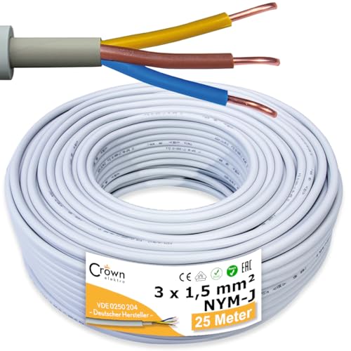 NYM-J 3x1,5mm² Kabel 25m | Feuchtraumkabel für 300V/500V | Elektrokabel 3-Adrig mit PVC Mantel | Ø1,5mm² Stromkabel für Elektroinstallation in Weiß/Grau | Kabellänge am Stück