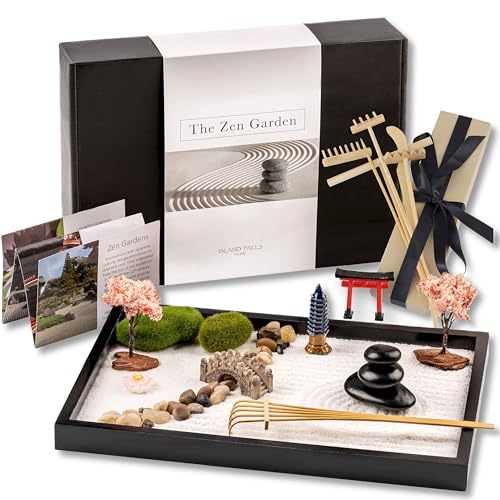 Island Falls Home Zen Garten Set 11x8 Zoll Premium Japanisches Sand Miniatur Geschenk Set. für Haus & Büro, Steine Garden, 6 Werkzeuge, 12 Funktionen, Sand. Zen Meditation Dekoration und Japan Deko