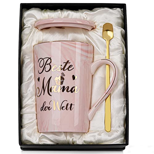 Geburtstagsgeschenk Geschenke für Mama Geschenk, Beste Mama der Welt Tasse - Lustig Geburtstag Weihnachten, 400ml Rosa Marmor Mutter Becher mit Goldaufdruck, Deckel Löffel Grußkarte, Edle Geschenkbox