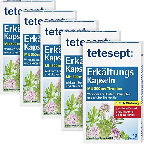 tetesept Erkältungs Kapseln – Wirksam bei Husten, Schnupfen und akuter Bronchitis - pflanzliches Arzneimittel mit Thymian, 5 x 40 Stück