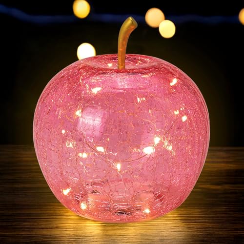 Spetebo LED Crackle Glas Apfel 16 cm - rosa - Deko Frucht in Bruchglas Optik - Tisch Lampe Leuchte mit Drahtlichterkette Batterie betrieben mit Timer