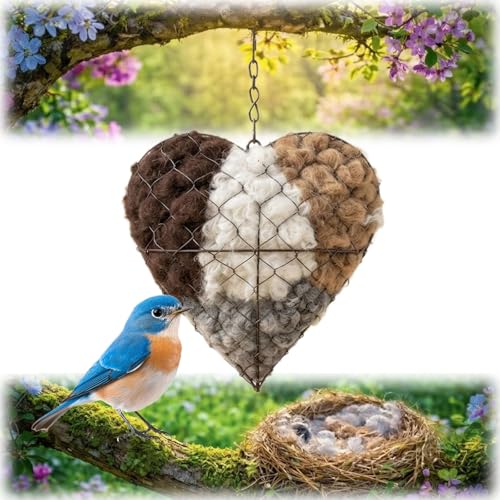 VUKHWX Alpaka Wolle Für Vögel, Handgefertigtes Herzförmige Zupfherz Alpakawolle-Spender Für Vögel, Nachfüllbares Vogelhaus Nistkasten, Bietet Unterschlupf Nistmaterial Für Vögel (1pc)