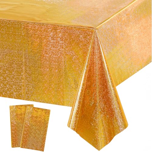Abschluss Party Tischdecke Gold Glitzer 2 Stück - Geburtstag Tischdecken Foil Plastik Einweg Party Deko für Abi Manner Bagger Geburtstag Hollywood Hochzeit Disco Biene Silvester 2026 Party