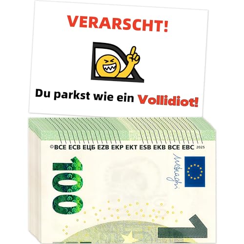 100 Stück Auto Gadgets Falschparker-Karten, Lustige Scheisse Geparkt, Auto Gadgets Falschparker Karten, Grün 100€ Geldschein-Design 85x55mm