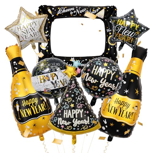 8 Stück Silvester 2025 Folienballon, Silvester Deko 2025 XXL，Happy New Year Ballons,Silvesterparty Deko Schwarz Gold，2025 Neujahrs Luftballons für Neujahrsparty