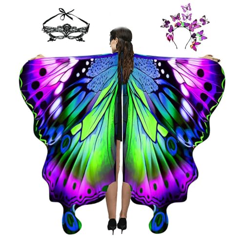Andiwa Schmetterling Kostüm Damen, Faschingskostüm für Erwachsene, Karneval Kostüm Damen, Faschingskostüme Mädchen Schmetterling Zubehör 3 Set mit Haarreif Gesichtsmaske (Lila)