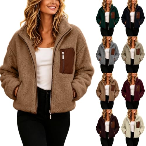 Fleecejacke Damen Winter Teddyjacke Stehkragen Teddy Jacke Warm Flauschig Winterjacke Dicke Gefüttert Plüschjacke mit Reißverschluss Locker Übergangsjacke mit Taschen Elegant Einfarbig Wintermantel