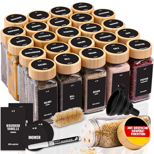 Deco Haus® Gewürzgläser eckig mit Holzdeckel 24er Set [+ Etiketten & Streueinsatz] - Gewürzdosen Set Glas - Gewürzbehälter Spice Jars - Aufbewahrung - Behälter für Gewürze - Gewürzaufbewahrung