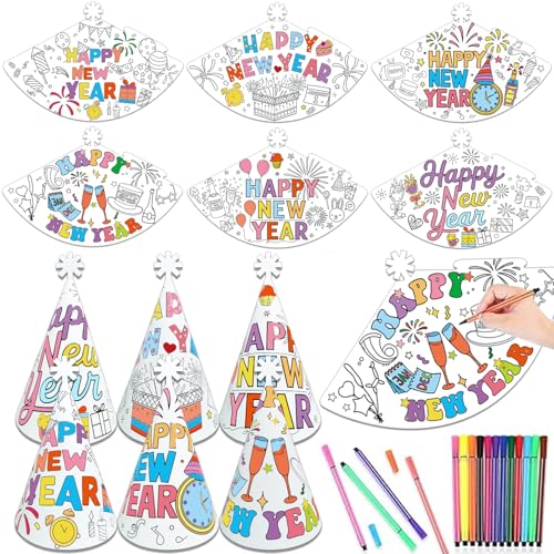 LECONCES Silvester Deko zum Ausmalen, Silvesterdekorationen 2026 Silvester Hüte Partyhüte Happy New Year Deko