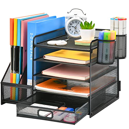 Marbrasse Schreibtisch Organizer mit Aktenhalter,5-Tier Briefablage Ablagefächer mit Schublade und 2 Stifthalter, Mesh Schreibtisch Zubehör Ablage Zeitschriftenhalter für Bürobedarf(Schwarz)