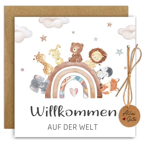 O'meFun Karte Geburt Geldgeschenk Geburt mit Umschlag, Karte Geschenke zur Geburt Mädchen & Junge, Sinnvolle Geschenke zur Geburt, Regenbogentiere Glückwunschkarte Baby Geburt Geschenk