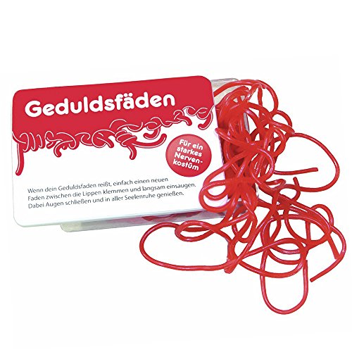 Spaßgeschenk | Geduldsfäden / Geduldsfaden | Fruchtgummi-Schnüre mit Erdbeer-Geschmack | in praktischer Schiebe-Box.