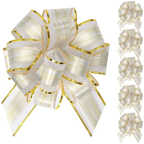 poeland 6 Stück Zieh-Schleifen, Schleifen dekorieren zum Geschenkeverpacken für Geschenkverpackung, Partydekoration, Autoschleifen Hochzeit, Valentinstag, Geburtstagsdekorationen (Weiß, Gold)