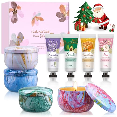Geschenke Weihnachten, Kleine Weihnachtsgeschenke für Frauen Männer - Duftkerzen Geschenkset 4 x 90g | Handcreme Set 4 x 30g, Geschenkset für Kollegen, Mama, Freundin