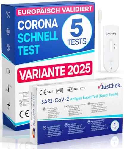 Adeste – NEUE Variante 5 x 1er Corona Schnelltest für Zuhause COVID 19 Antigen Rapid Test Swab Selbsttest. Geprüft für neuen 2025-Varianten. Sensibilität 100% bei hoher Viruslast
