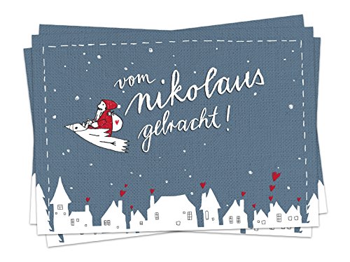 Eine der Guten 10 Weihnachtskarten zum Nikolaus - Vom Nikolaus gebracht, Postkarten Set für Weihnachten, Weihnachtspostkarten in Blau, witzig, mit fliegendem Nikolaus auf Vogel