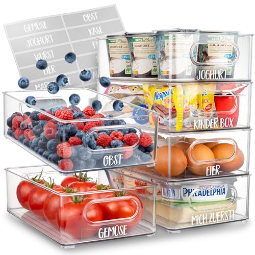 SimpleU Kühlschrank Organizer 6er Set [mit 16 Aufkleber] Premium Küchen Organizer | Aufbewahrungsbox für Kühlschrank | Vorratsbehälter | Stapelbar | BPA frei