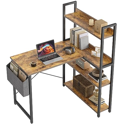 CubiCubi Schreibtisch mit Regal,Eckschreibtisch für Heimbüro,Kleiner L-förmiger Computertisch mit Ablagefächern,Bürotisch mit Aufbewahrungstasche, 100cm Braun.