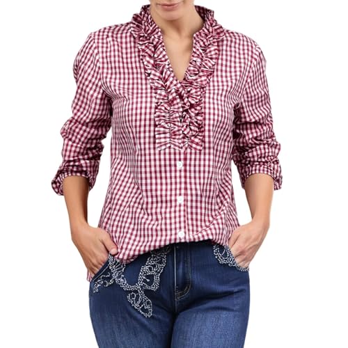 Trachtenbluse Damen Kariert Bluse Kurzarm- Oktoberfest Outfit Trachten Oberteil mit Stehkragen & Herzknöpf, Dirndl Bluse Modern Atmungsaktiv Trachtenhemd Große Größen
