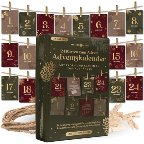 Lebenskompass Adventskalender Karten Set Jahresunabhängig – 24 Achtsamkeitskarten mit Clips & Fäden – Kreativer Selbstliebe Adventskalender zum Aufhängen, für Achtsamkeit und Reflexion