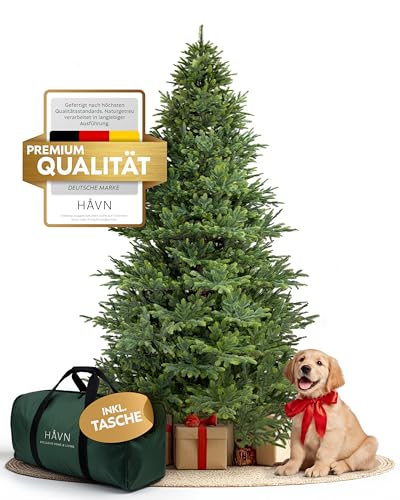 Håvn ® 100 % Spritzguss Künstlicher Weihnachtsbaum (210 cm) – Naturgetreuer Stamm, extra dichte Zweige, inkl. Holzständer & Tasche – Premium Tannenbaum