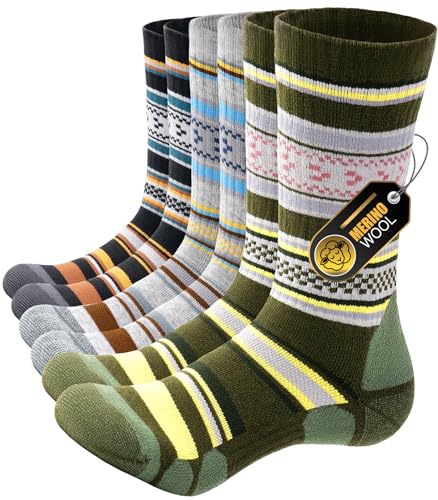 PULIOU Merino Socken, Thermosocken Merino Wandersocken Herren Damen, Wintersocken Outdoor Trekkingsocken, Merinowolle Sportsocken Gepolstert Arbeitssocken für Herren Damen (3 Paar) Bunt L