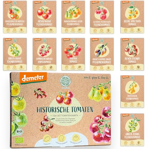 BIO Historisches Tomatensamen Set: 12 Sorten Demeter Tomaten Saatgut | Seltene, alte u. mini Tomatensorten allesamt samenfest | Gemüse Samen für Balkon, Hochbeet, Garten & als Geschenk | Loveplants