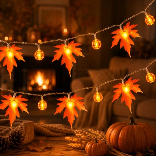 LakiHomi Herbst Dekoration, 3M 20LED Lichterkette Herbst, Ahornblätter Kürbis Batterie mit Timer, Herbst Lichterkette für Innen,Erntedankfest,Halloween,Herbst,Kürbis Deko