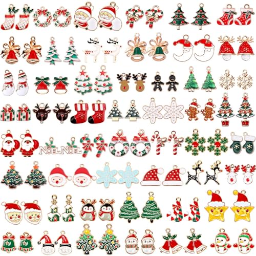 SANNIX 110 Stück 55 Stile Weihnachten Charms Gold Emaille Schmuck Anhänger für Weihnachten Ohrringe Armband Halskette Basteln