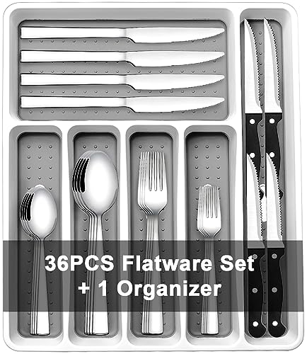 37 teilig Essbesteck Set inkl Besteckkasten, Steakmesser, Messer, Gabel, Löffel, Wildone Besteckeinsätze, Besteck Set für 6 Personen, Besteck Edelstahl Spiegelpoliert, Spülmaschinenfest