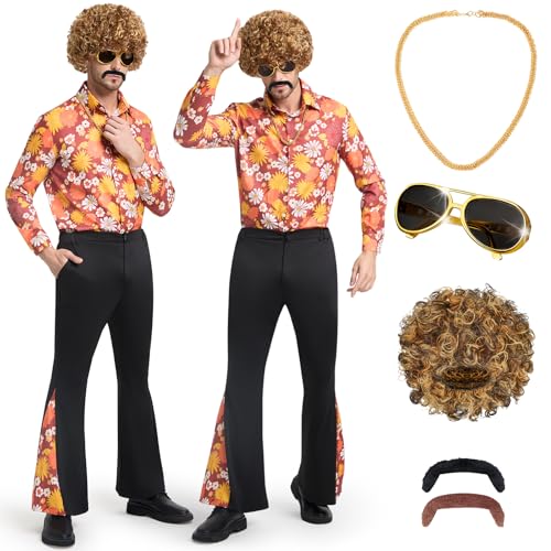 BuzzoXerex 70er Jahre Kostüm Herren, 7 Stücks Hippie Kostüm Männer Set, Disco Kostüm Herren mit Hemd, Schlaghosen, Perücke und Disco Zubehör für 70er Party Karneval Halloween Mottoparty (Schwarz, XL)