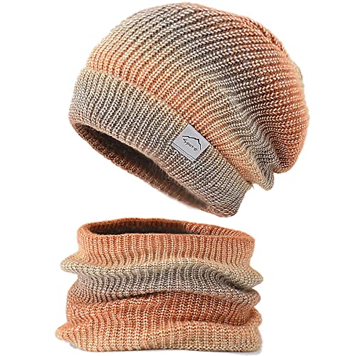 WANYIG Wintermütze Strickmütze mit Schal Damen Warme Mütze Beanie Herbst Winter Schal und Mütze Set 56-60CM (Farbverlauf Orange)