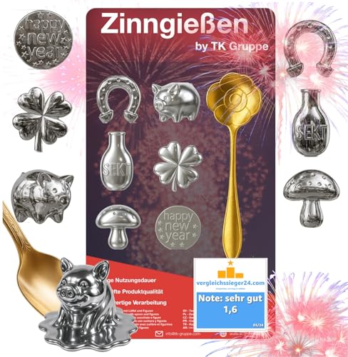 7er Zinngießen mit Zinn Giessen wie Bleigießen Bleigiessen mit & Löffel & Orakelheft mit Deutungen - Gesellschaftspiele & Partyspiele 2026 Feuerwerk Silvester Neujahr