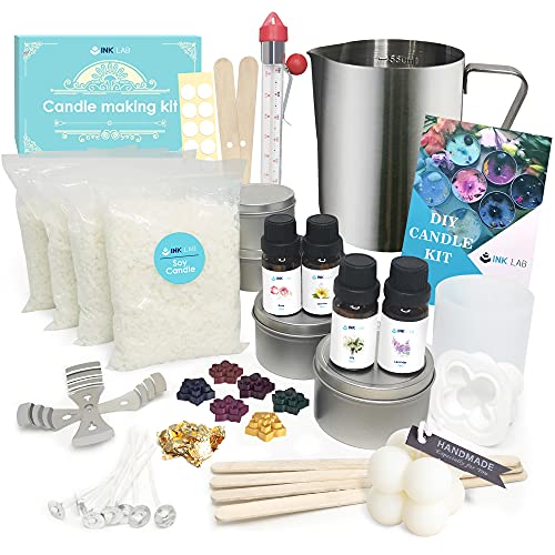 INK LAB Kerzen Selber Machen Set DIY Kerzenherstellung Set mit Sojawachs Duftöl Farbstoffen Schmelztopf Kerzendosen Kerzen DIY Set für Erwachsene Anfänger