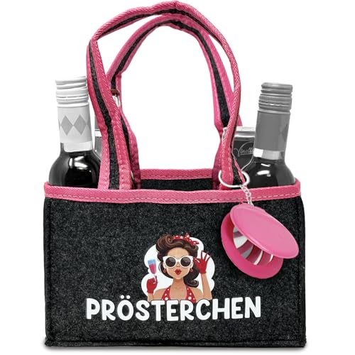 Longfair Witzige Frauenhandtasche inkl. Spiegel - Tragetasche aus Filz für 6 Flaschen-Dosen - Sekt, Wein, Hugo - JGA, Geburtstag
