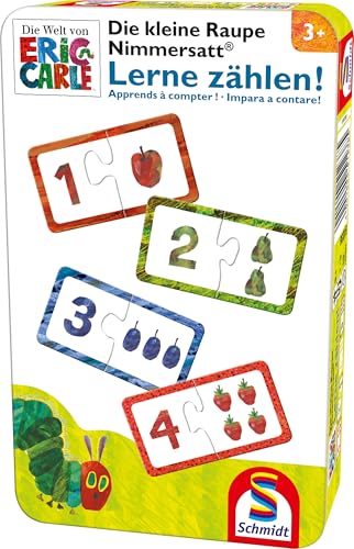Schmidt Spiele 51238 Kleine Raupe Nimmersatt, Lerne zählen, Reisespiel in der Metalldose