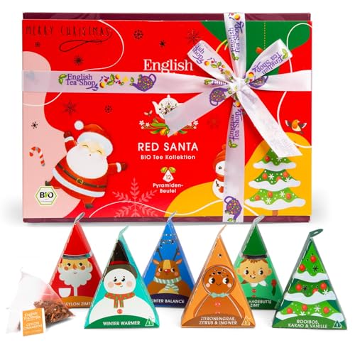 ETS - Teegeschenk mit Schleife Red Santa Christmas | BIO Wintertee Set | Geschenk Weihnachten Wichtelgeschenk Weihnachtsdeko | 12 Pyramidenbeutel