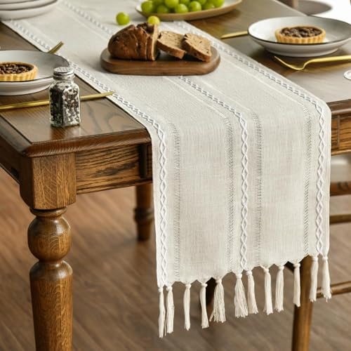Artoid Mode Boho Creme Landhausstil Quasten Tischläufer, Waschbar Tisch Dekoration Party Geburtstag Valentinstag Hochzeit Dekor 33x183 cm