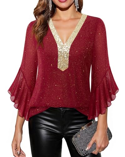 Bodhi talk Festliche Oberteile Damen: Elegante Oberteile Damen - Glitzer Silvester Outfit mit V-Ausschnitt - Elegant Doppellagige Mesh 3/4 Ärmel Bluse