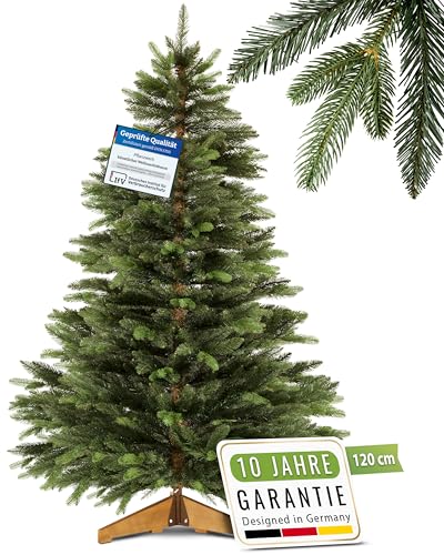 PFLANZWERK® Premium KÜNSTLICHER Weihnachtsbaum NORDMANNTANNE mit Christbaum Holzständer 120cm - TESTSIEGER - NACHHALTIG - GARANTIE - Tannenbaum mit naturgetreuen Nadeln und Zweigen ohne Beleuchtung