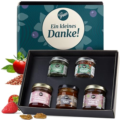 Gepp's Feinkost Mini Danke Geschenkbox I Geschenkkorb mit 2 Gewürz-Variationen, 2 fruchtigen Konfitüren und einer Edelsauce I perfekt zum Verschenken oder selbst genießen I Weihnachts-Geschenk