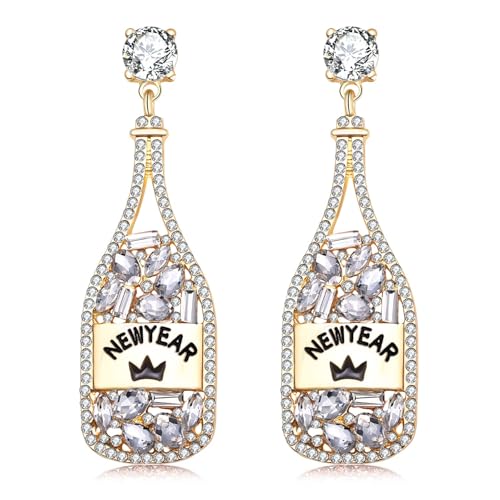 Champagnerflaschen Ohrringes für Frauen, Champagner-Tropfen Ohrringe mit Strass Kristallperlen, Glitzernde Neujahrsohrringe, Frohes Neues Jahr Ohrringe für Hochzeit, Urlaub, Neujahrsgeschenke (Gold)