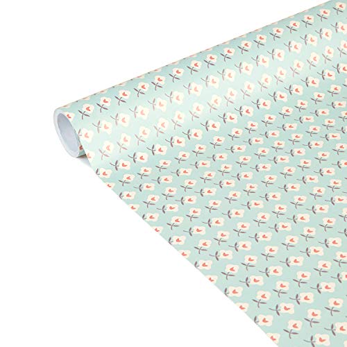 Clairefontaine 223871C - Rolle Geschenkpapier Excellia Tiny Rolls, 5m x 35 cm, 80g, 1 Rolle, Blumen mit blauem Hintergrund Grün