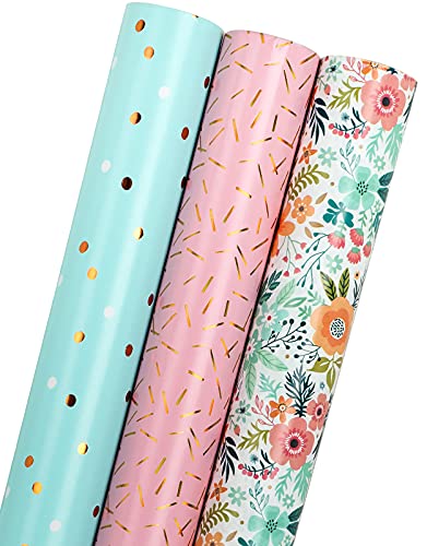 Holijolly Geschenkpapier Rolle - Mini Rolle - 43cm X 3m pro Rolle - Rosa & Blau & Florales Design (3.87 Quadratmeter)