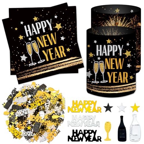 20 Stück Servietten Silvester+ 12 Windlicht Tischdeko + 500 Konfetti Streudeko Schwarz Gold, Silvester Deko 2026, Happy New Year Decoration Geschenke, Neujahrsgeschenke, Silvesterdeko Party Set