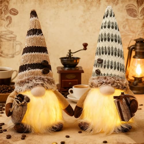 CYJJYZ 2 Stück Herbstdeko Wichtel, Kaffee Wichtel mit Licht, Herbst Dekoration Wichtel Figuren, Rudolph Puppe Figure, für Erntedankfest, Weihnachten, Halloween Deko