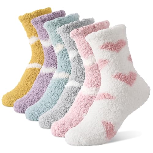 Utensilsto 6 Paar Kuschelsocken Damen 35-39 Flauschige Kuschel Socken Haussocken Fluffy Schlafsocken Fuzzy Flauschsocken Herz Wintersocken für Frauen Damen